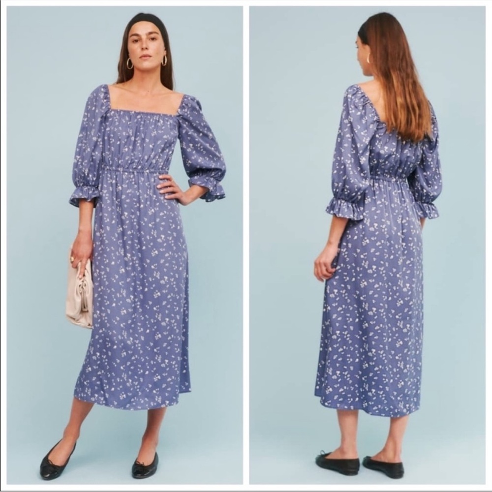 REFORMATION - Karly off the shoulder midi dress Forget Me Not blue floral print